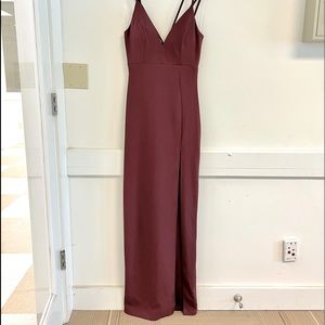 Windsor burgundy spaghetti strap slit formal dress